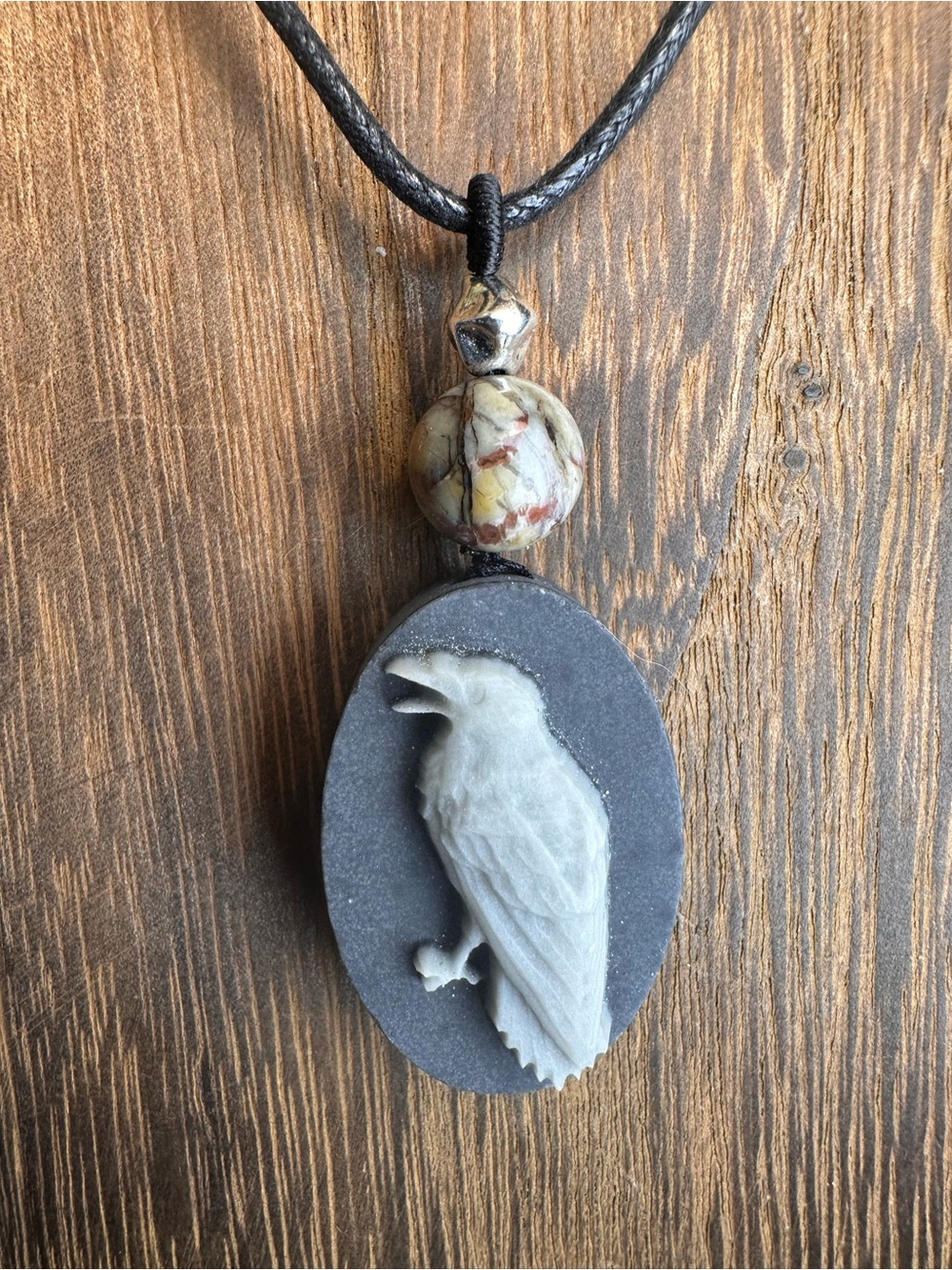 Handcrafted Tai Chi Stone Raven Pendant Necklace on Black Rope - Picture 2 of 11